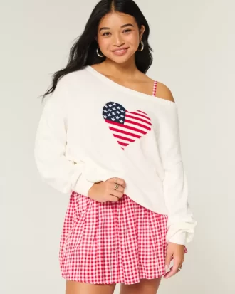 Slouchy Off-the-Shoulder Flag Heart Graphic πουλόβερ