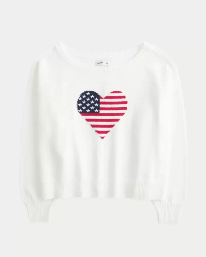 Slouchy Off-the-Shoulder Flag Heart Graphic πουλόβερ Slouchy Off-the-Shoulder Flag Heart Graphic πουλόβερ