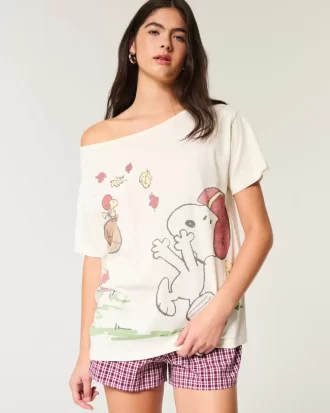 Υπερμεγέθη γραφικό μπλουζάκι Snoopy Off-the-Shoulder