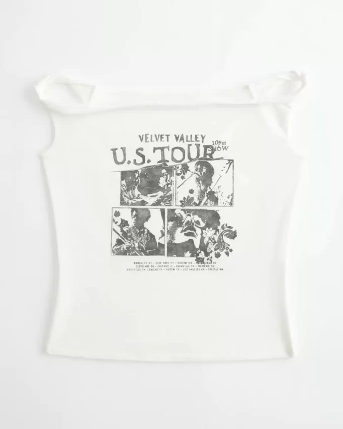 Twisted Off-the-Shoulder Velvet Valley Graphic Tee Twisted Off-the-Shoulder Velvet Valley Graphic Tee