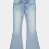 Ultra Low-Rise Distressed Light Wash Sequin Flare Jeans